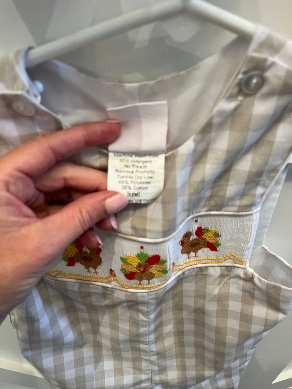 Stitchy Fish Beige Gingham Smocked One Peice with Embroidered Turkey Detail 12m - Picture 7 of 8